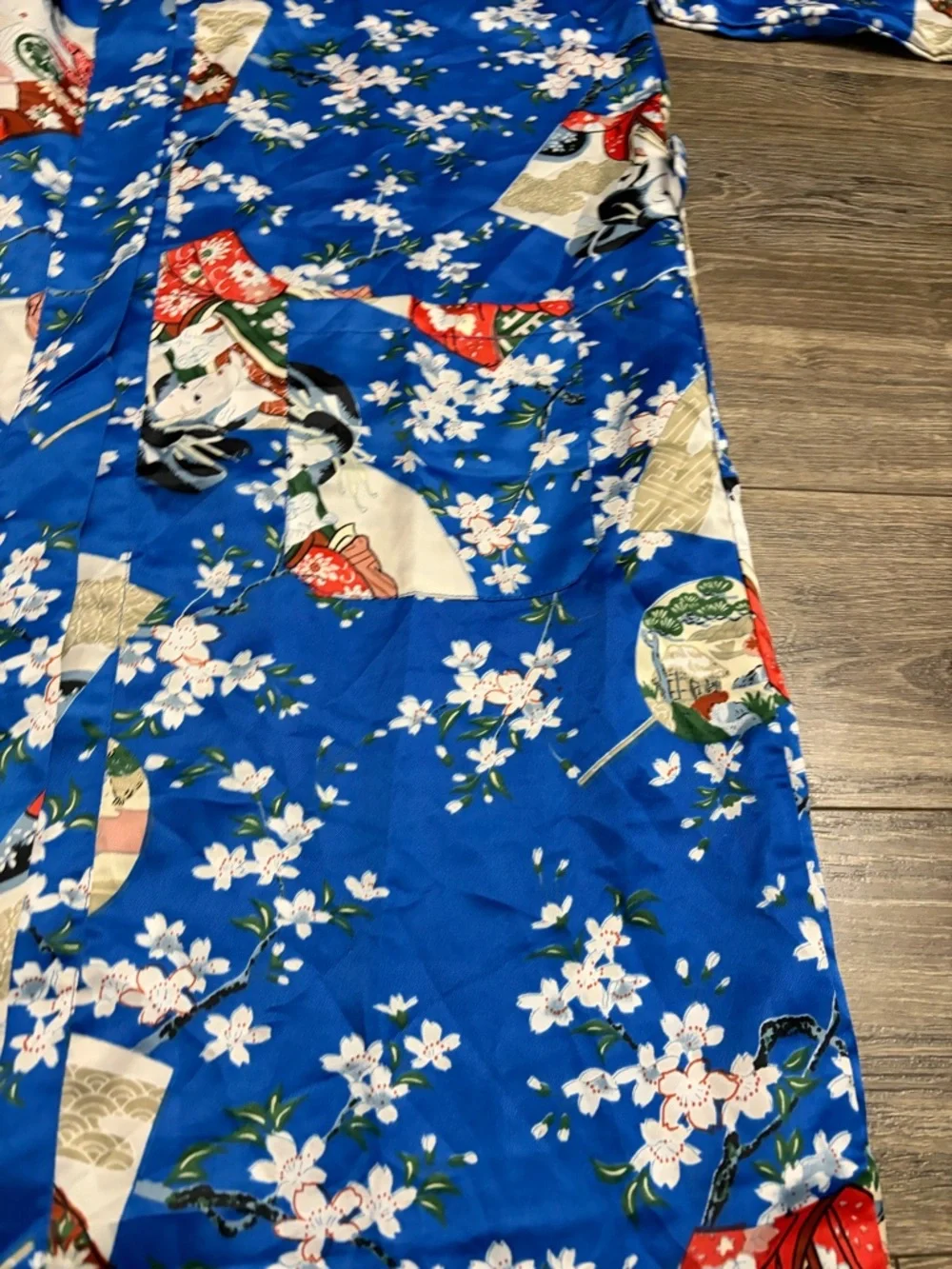 70s European Vintage Geisha Cherry Blossom Maxi Kimono Robe (Blue/Multi) L - Picture 5 of 8
